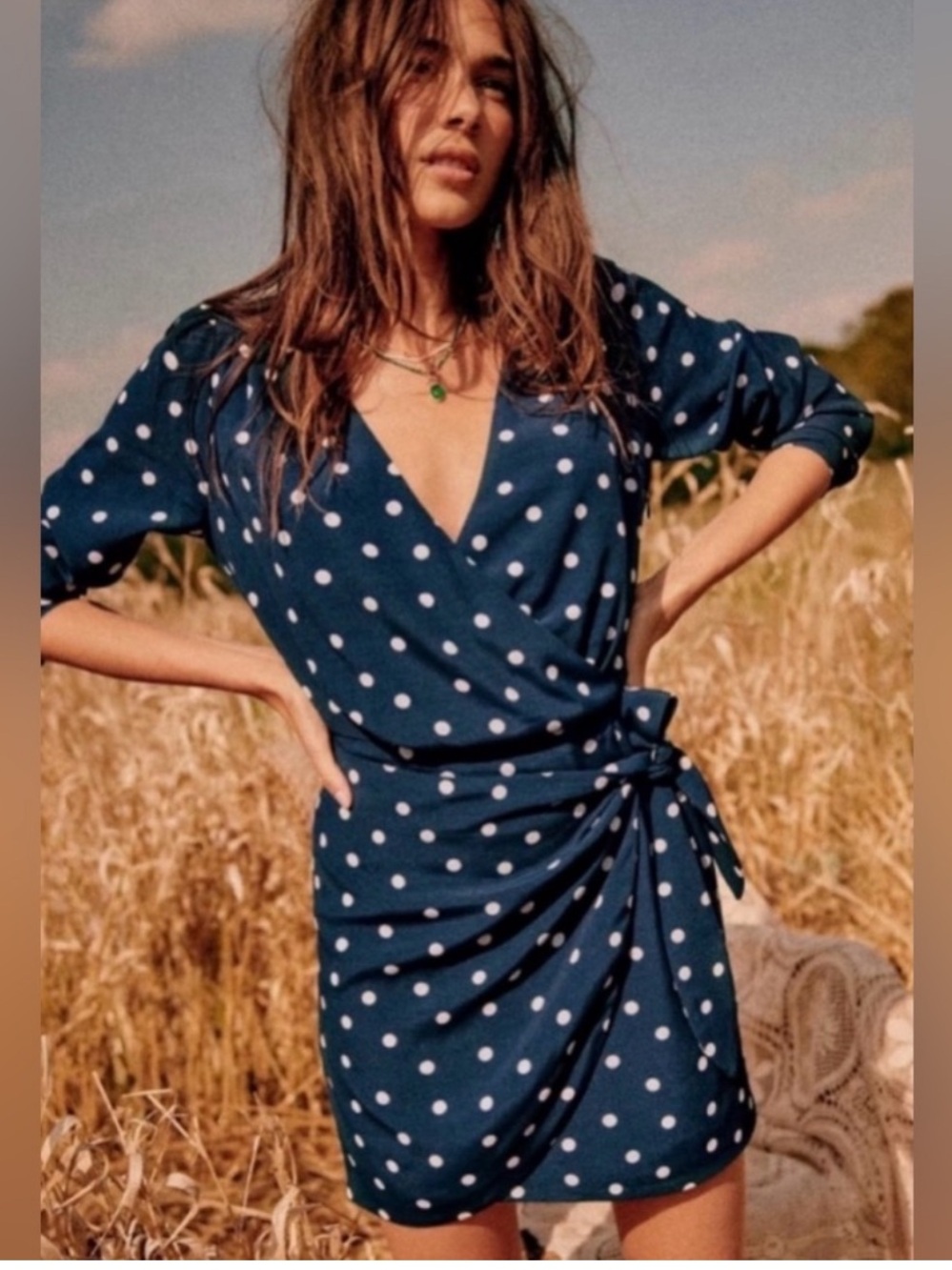 Sezane Navy Blue Polka Dot Wrap High-Low Dress